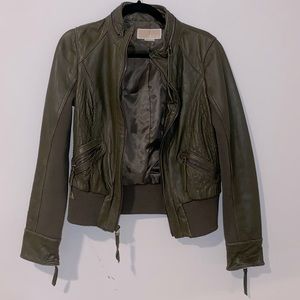 Micheal Kors olive green leather bomber jacket